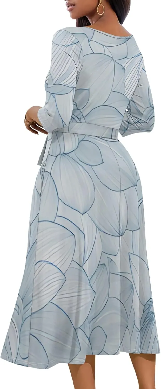 2024 Women's Multicolor Floral Print Fashion Semi Formal Wedding Guest Dress Sexy V-Neck 3/4 Sleeve Midi Flutter Wrap Dresses