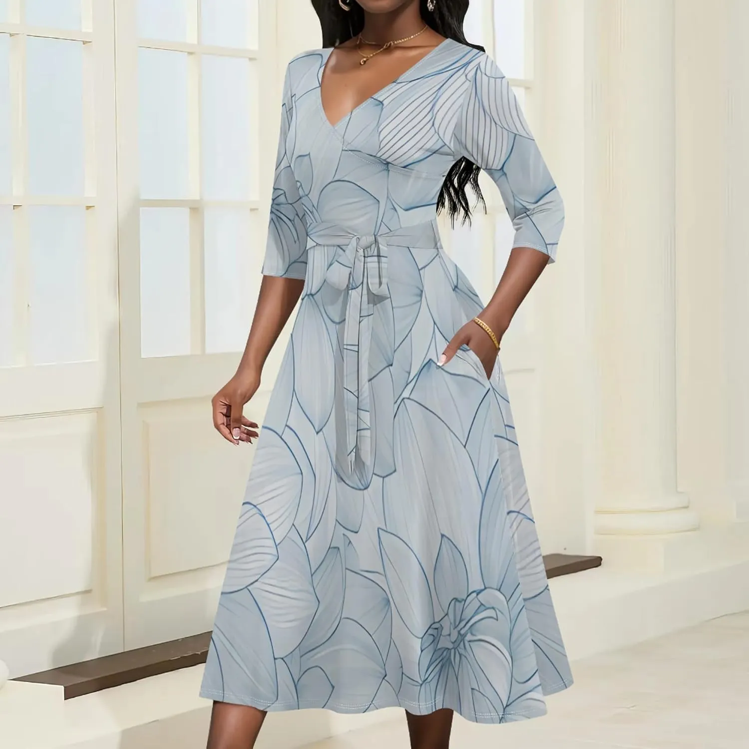 2024 Women's Multicolor Floral Print Fashion Semi Formal Wedding Guest Dress Sexy V-Neck 3/4 Sleeve Midi Flutter Wrap Dresses