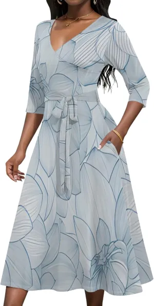 2024 Women's Multicolor Floral Print Fashion Semi Formal Wedding Guest Dress Sexy V-Neck 3/4 Sleeve Midi Flutter Wrap Dresses