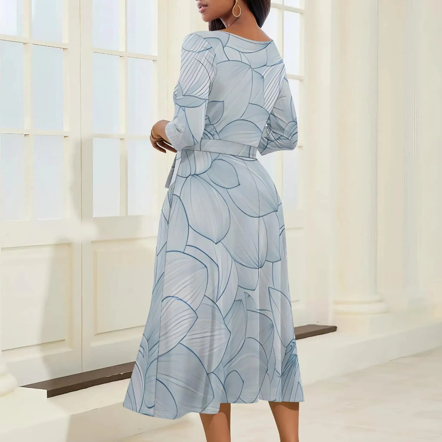 2024 Women's Multicolor Floral Print Fashion Semi Formal Wedding Guest Dress Sexy V-Neck 3/4 Sleeve Midi Flutter Wrap Dresses
