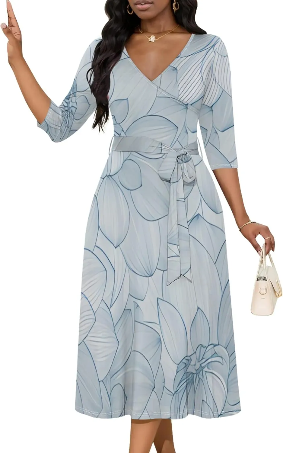 2024 Women's Multicolor Floral Print Fashion Semi Formal Wedding Guest Dress Sexy V-Neck 3/4 Sleeve Midi Flutter Wrap Dresses