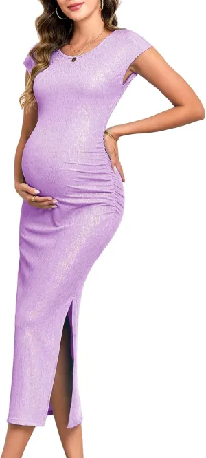 AIWSI Women's Split Maternity Dress Fine Ribbed with Sparkly Gold Foil, Bodycon Ruched Pregnancy Dresses Baby Shower