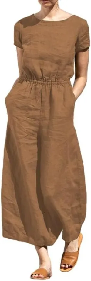 Akivide Summer Jumpsuit for Women 2023 Casual Loose Cotton Linen Short Sleeve Elastic Waist Wide Leg Long Romper with Pockets