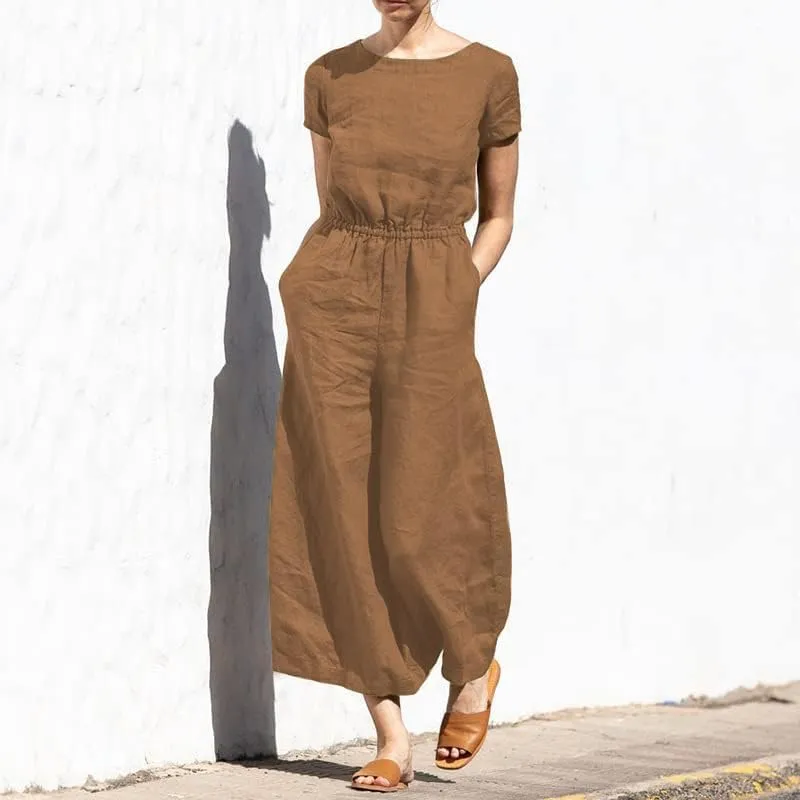 Akivide Summer Jumpsuit for Women 2023 Casual Loose Cotton Linen Short Sleeve Elastic Waist Wide Leg Long Romper with Pockets
