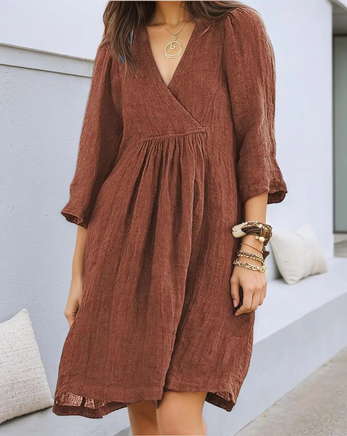 Akivide Womens Summer V Neck Linen Dress Loose Half Sleeve Pleated Solid Linen Dress