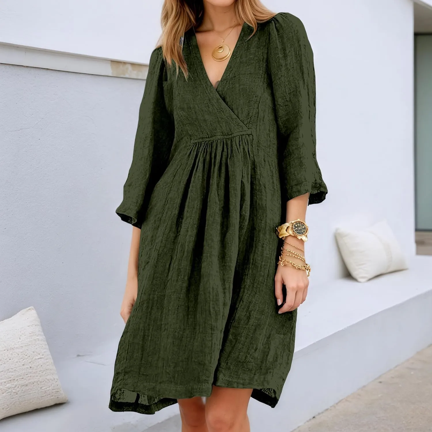Akivide Womens Summer V Neck Linen Dress Loose Half Sleeve Pleated Solid Linen Dress