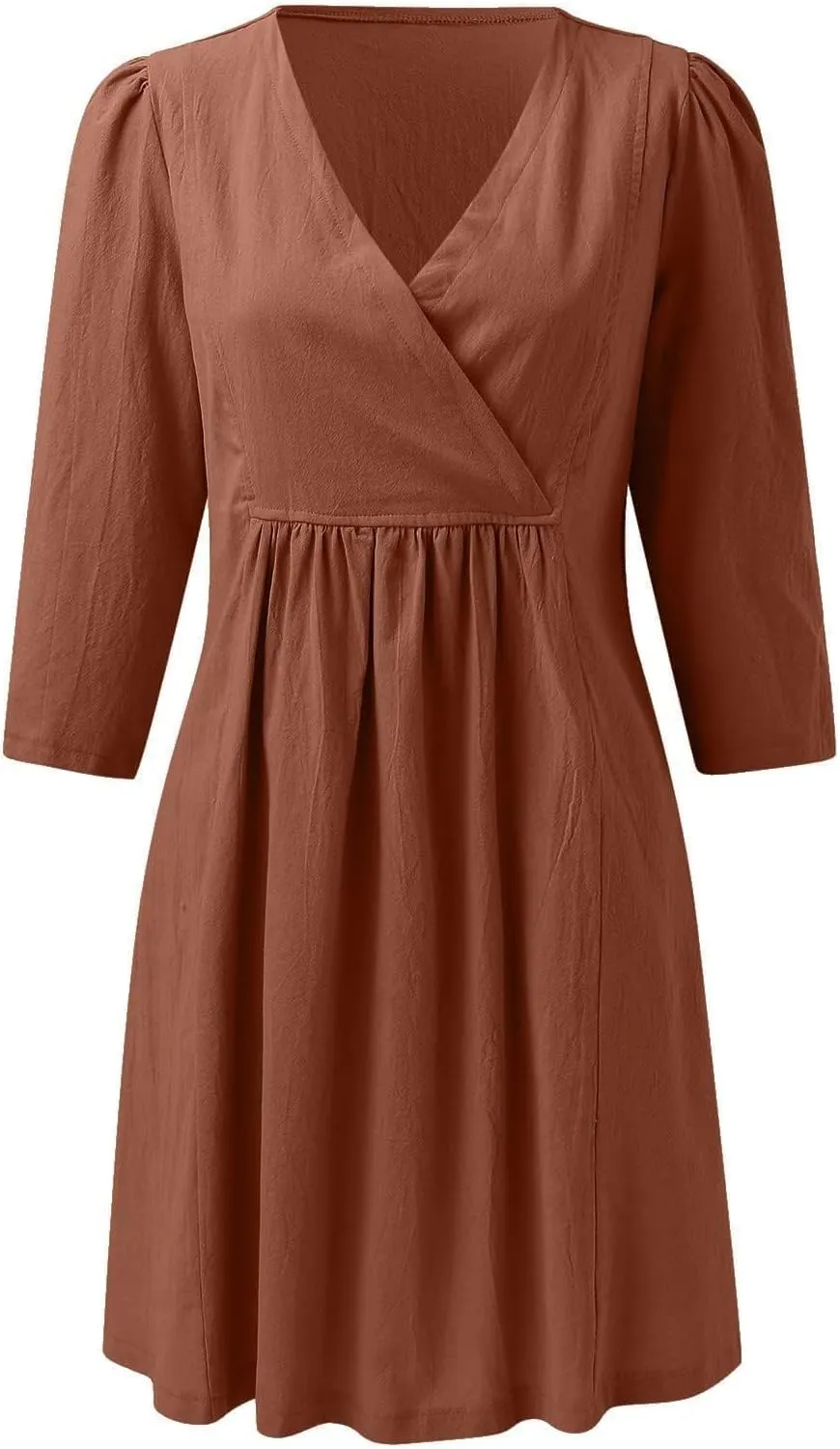 Akivide Womens Summer V Neck Linen Dress Loose Half Sleeve Pleated Solid Linen Dress