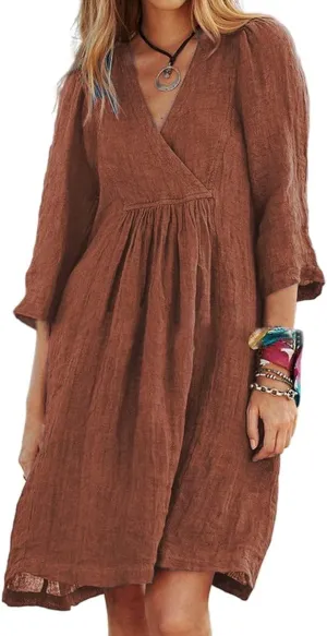 Akivide Womens Summer V Neck Linen Dress Loose Half Sleeve Pleated Solid Linen Dress