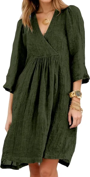 Akivide Womens Summer V Neck Linen Dress Loose Half Sleeve Pleated Solid Linen Dress