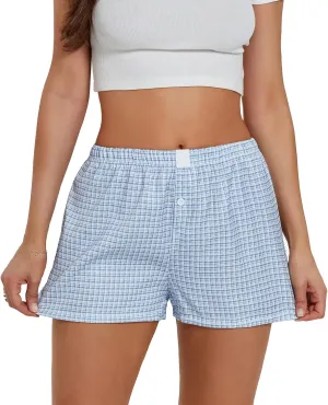 Amiblvowa Women Boxer Shorts Low Waisted PJ Elastic Comfortable Y2k Pajamas Plaid Striped Gingham Lounge Home Clothing