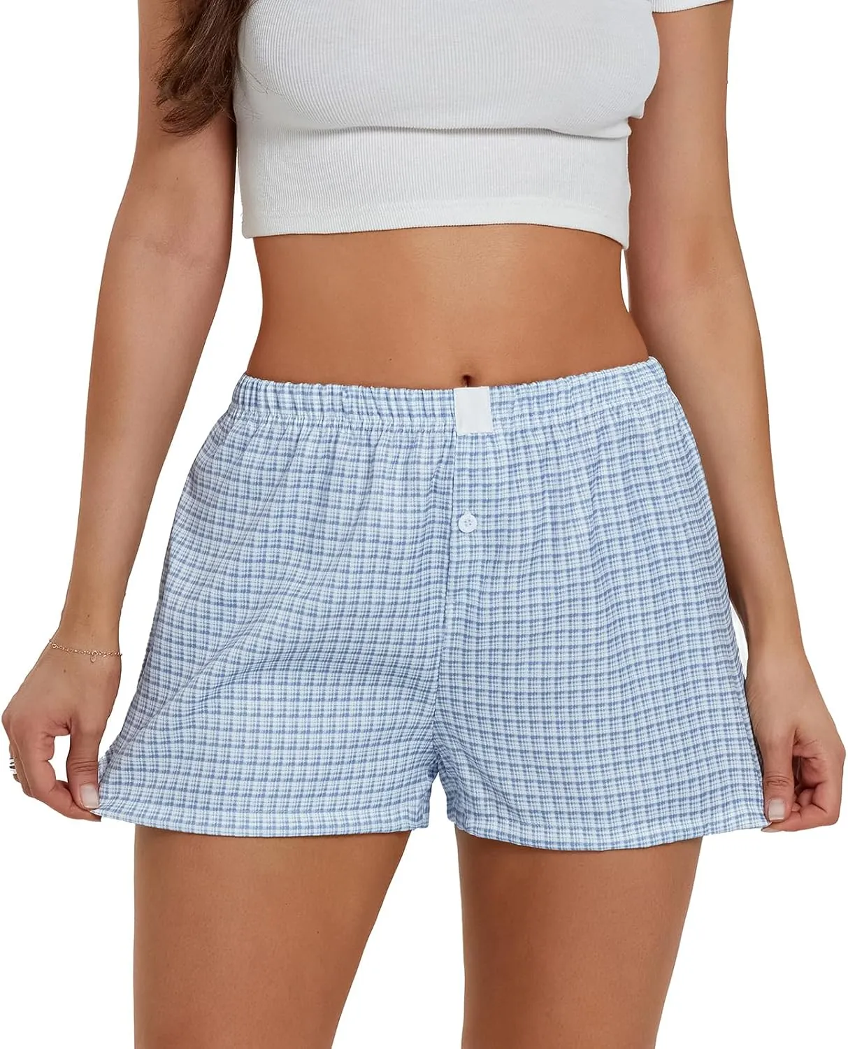 Amiblvowa Women Boxer Shorts Low Waisted PJ Elastic Comfortable Y2k Pajamas Plaid Striped Gingham Lounge Home Clothing
