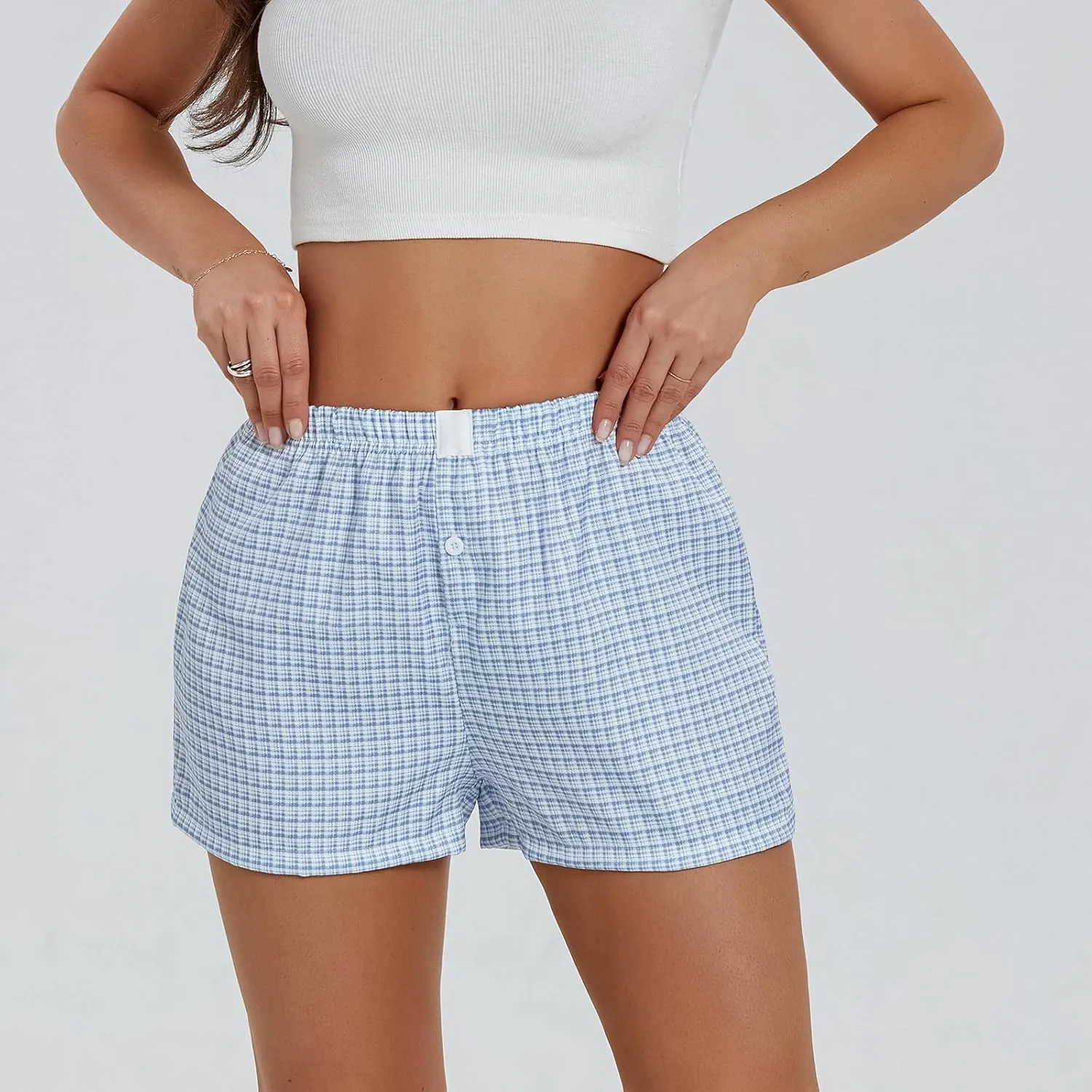 Amiblvowa Women Boxer Shorts Low Waisted PJ Elastic Comfortable Y2k Pajamas Plaid Striped Gingham Lounge Home Clothing