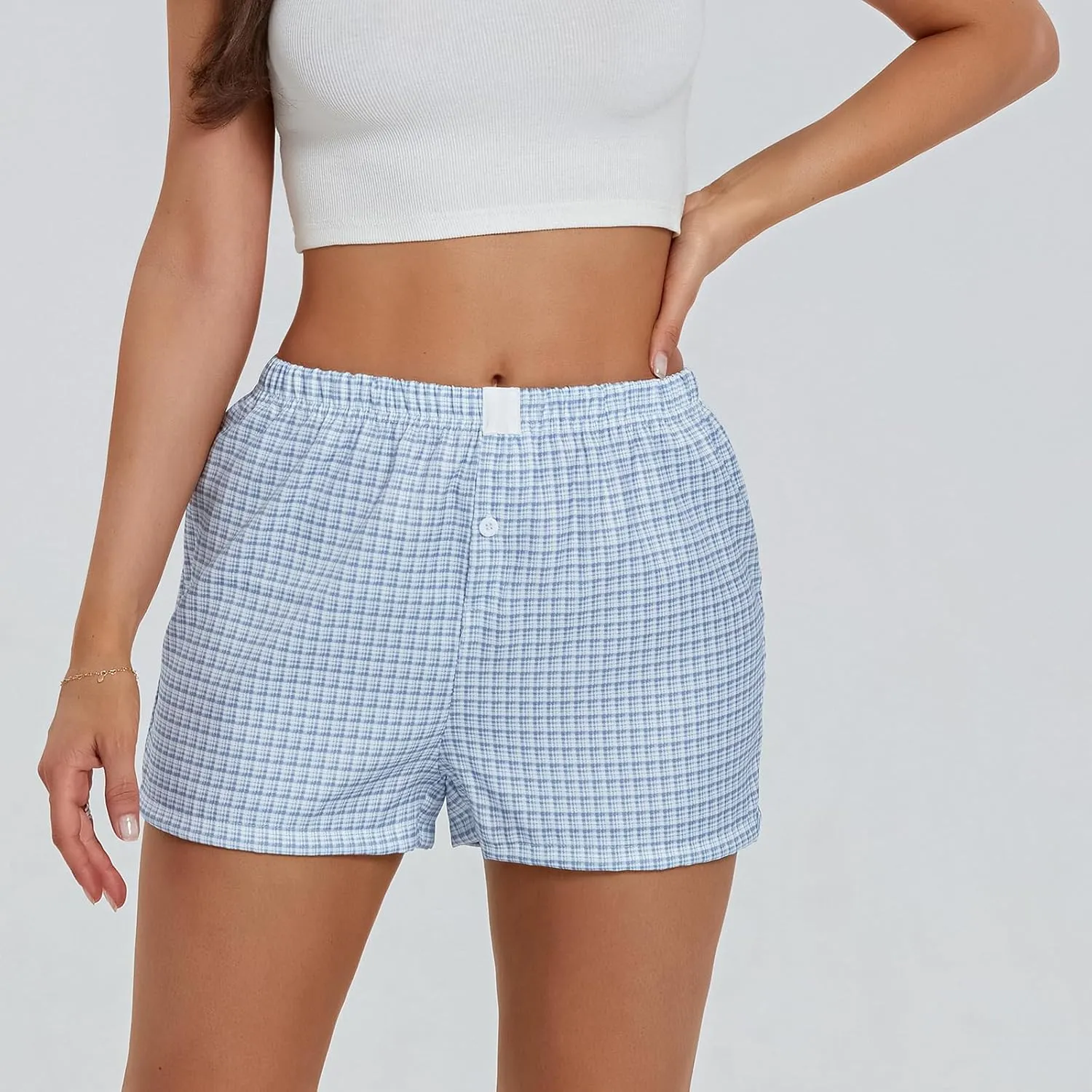 Amiblvowa Women Boxer Shorts Low Waisted PJ Elastic Comfortable Y2k Pajamas Plaid Striped Gingham Lounge Home Clothing