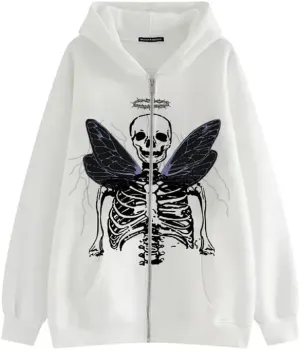 Argeousgor Women Skeleton Hoodie Zip Up Gothic Oversized Long Sleeve Sweatshirt Skull Punk Jacket Streetwear