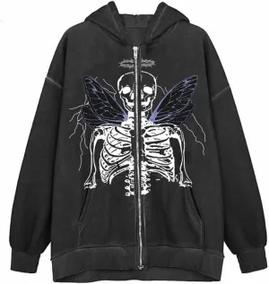 Argeousgor Women Skeleton Hoodie Zip Up Gothic Oversized Long Sleeve Sweatshirt Skull Punk Jacket Streetwear