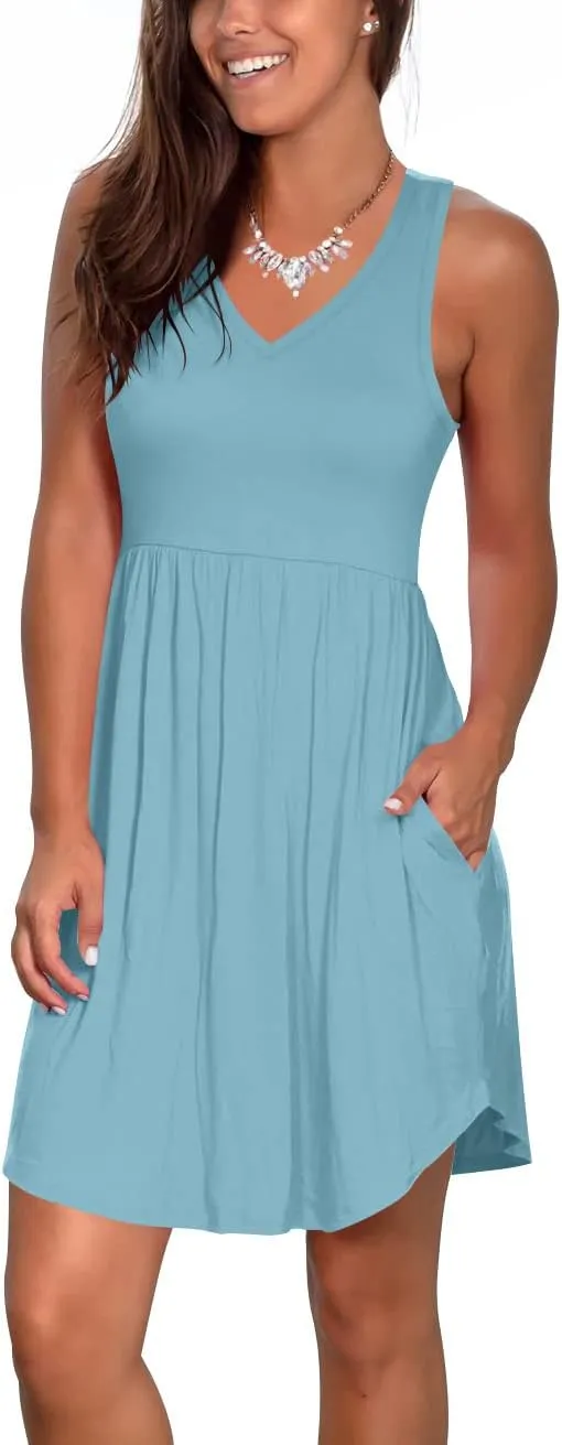 Atizon Casual Summer T Shirt Dress for Women V Neck Swing Elastic Tunic Short Sundress with Pockets