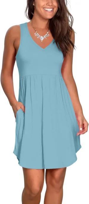 Atizon Casual Summer T Shirt Dress for Women V Neck Swing Elastic Tunic Short Sundress with Pockets