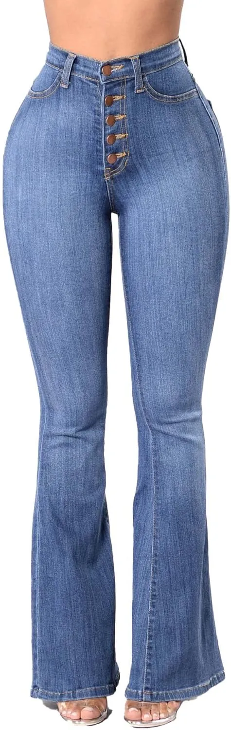 Azuki Flare Pants Ripped Bell Bottom Jeans for Women High Waisted Classic Flared Denim Pants with Pockets