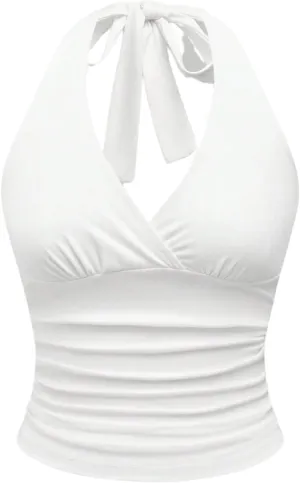 BAIMORE Women's Trendy Deep V Neck Ruched Tie Backless Party Slim Halter Top