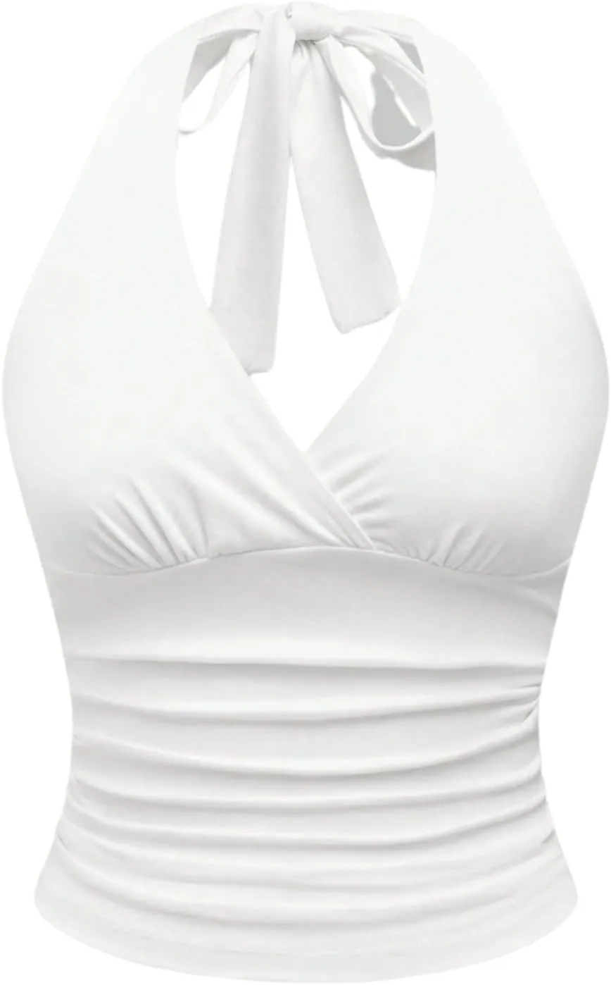 BAIMORE Women's Trendy Deep V Neck Ruched Tie Backless Party Slim Halter Top