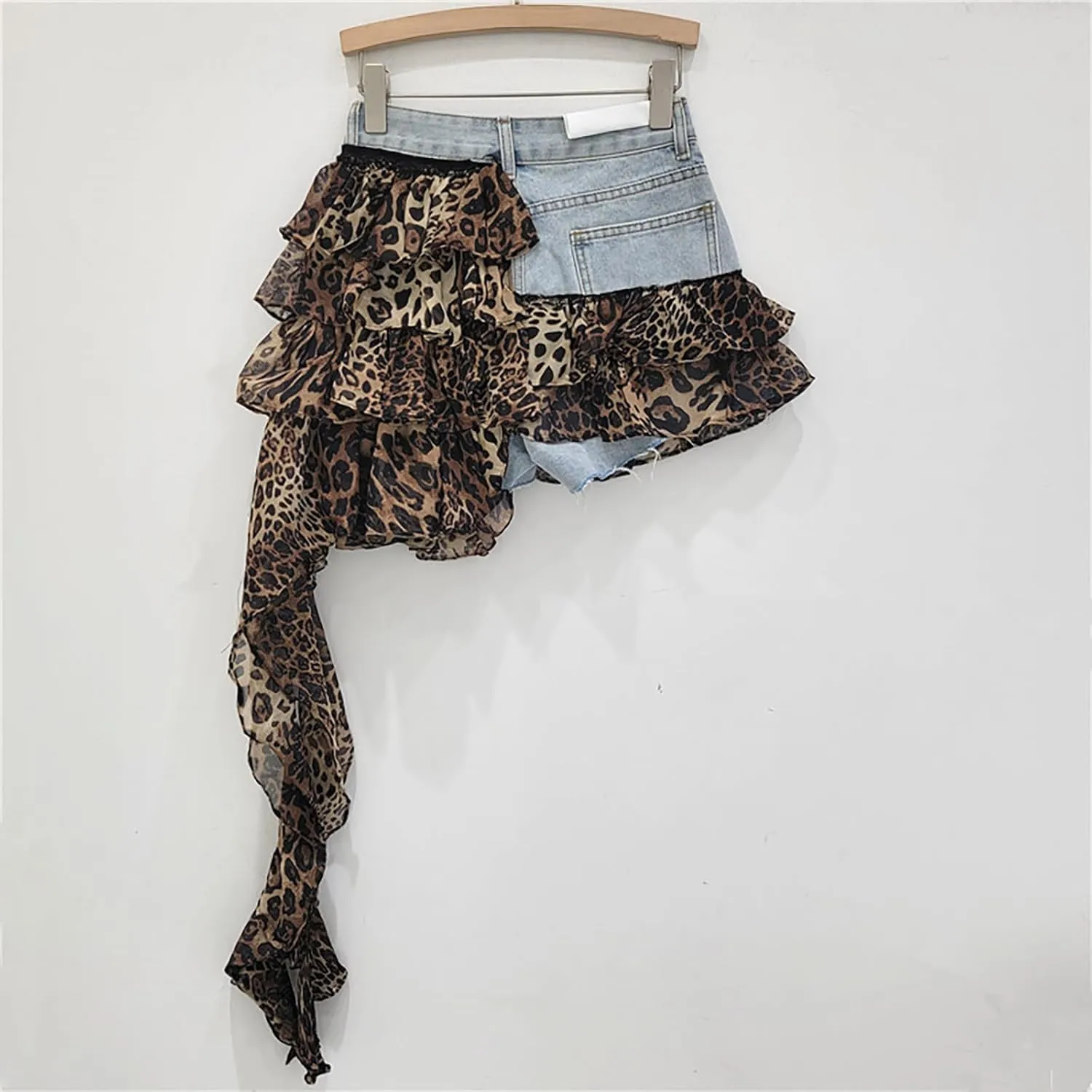 BAIMORE Women's Y2k Mid Waist Denim Patchwork Leopard Print Plaid Ruffle Tiered Mini Skirt