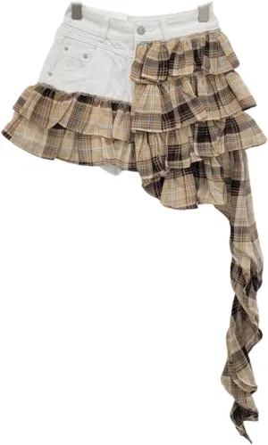 BAIMORE Women's Y2k Mid Waist Denim Patchwork Leopard Print Plaid Ruffle Tiered Mini Skirt