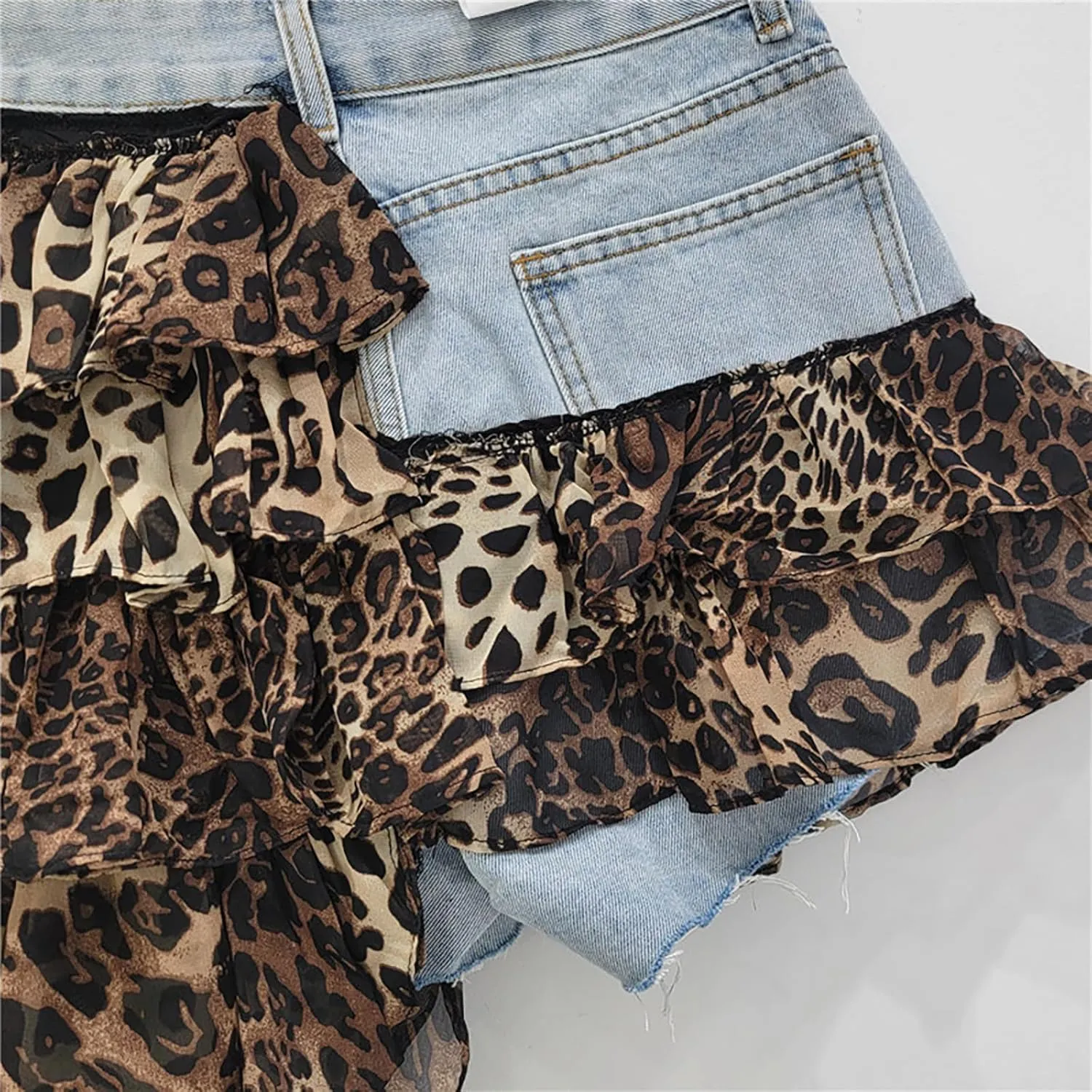 BAIMORE Women's Y2k Mid Waist Denim Patchwork Leopard Print Plaid Ruffle Tiered Mini Skirt