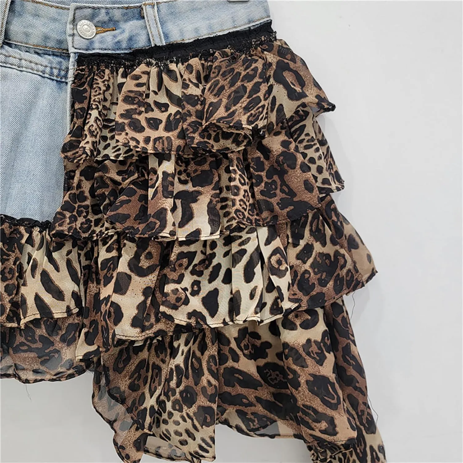 BAIMORE Women's Y2k Mid Waist Denim Patchwork Leopard Print Plaid Ruffle Tiered Mini Skirt