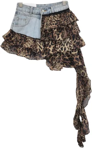 BAIMORE Women's Y2k Mid Waist Denim Patchwork Leopard Print Plaid Ruffle Tiered Mini Skirt