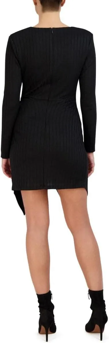 BCBGMAXAZRIA Women's Mini Long Sleeve Asymmetrical Hem Ruching Fitted Faux Wrap Style Dresses