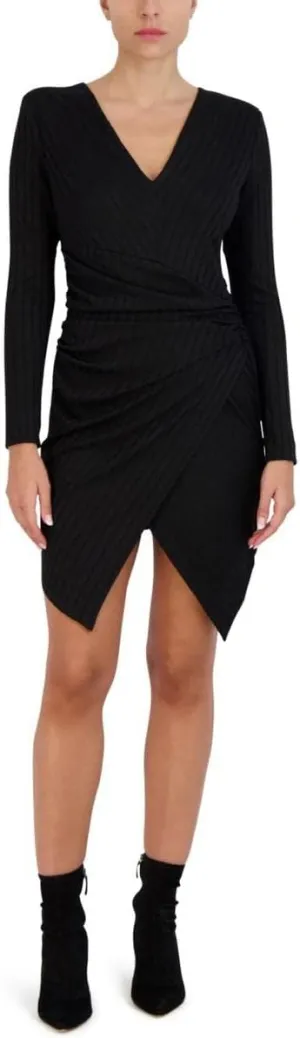BCBGMAXAZRIA Women's Mini Long Sleeve Asymmetrical Hem Ruching Fitted Faux Wrap Style Dresses