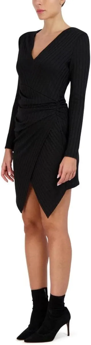 BCBGMAXAZRIA Women's Mini Long Sleeve Asymmetrical Hem Ruching Fitted Faux Wrap Style Dresses