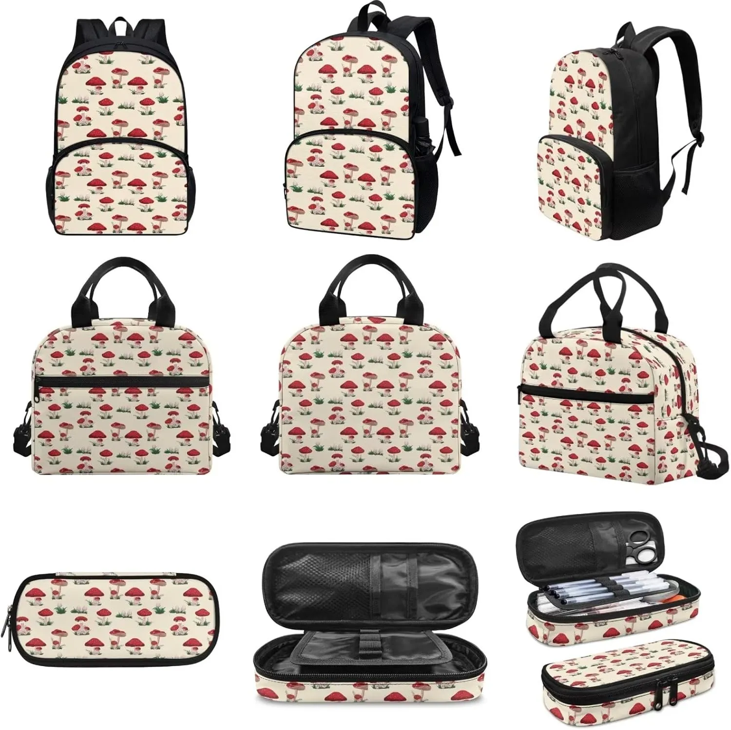 Beige Mushroom Backpack with Lunch Box and Pencil Case Girls Comfy Padded Cute School Backpack Set of 3 Bookbag for Student Lightweight Large Capacity Daypack