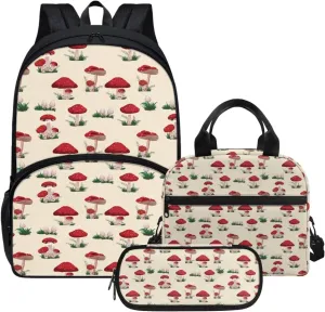 Beige Mushroom Backpack with Lunch Box and Pencil Case Girls Comfy Padded Cute School Backpack Set of 3 Bookbag for Student Lightweight Large Capacity Daypack