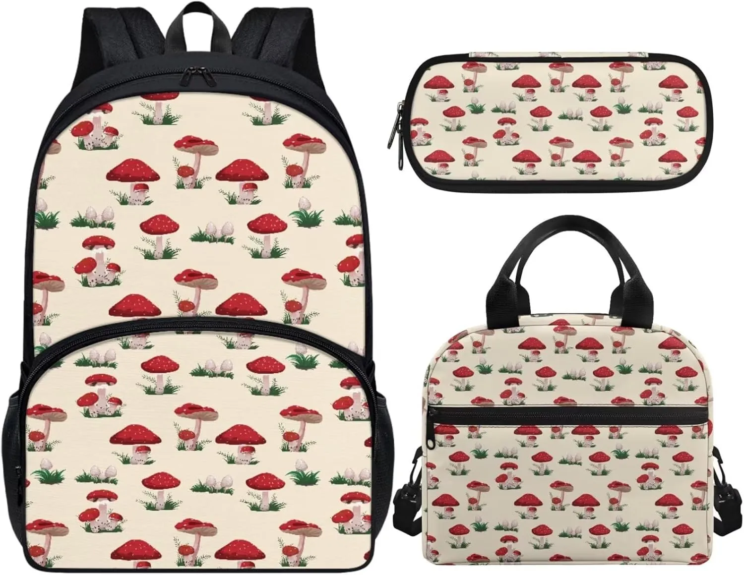 Beige Mushroom Backpack with Lunch Box and Pencil Case Girls Comfy Padded Cute School Backpack Set of 3 Bookbag for Student Lightweight Large Capacity Daypack