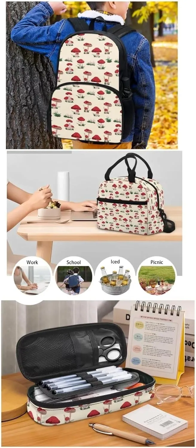 Beige Mushroom Backpack with Lunch Box and Pencil Case Girls Comfy Padded Cute School Backpack Set of 3 Bookbag for Student Lightweight Large Capacity Daypack