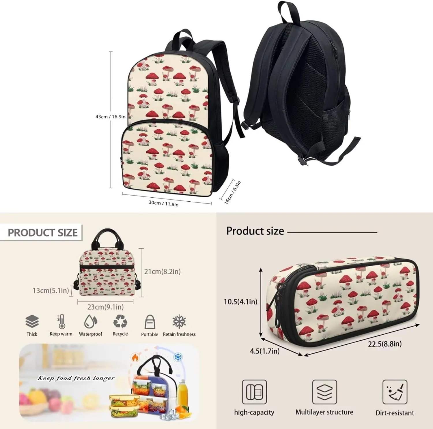 Beige Mushroom Backpack with Lunch Box and Pencil Case Girls Comfy Padded Cute School Backpack Set of 3 Bookbag for Student Lightweight Large Capacity Daypack