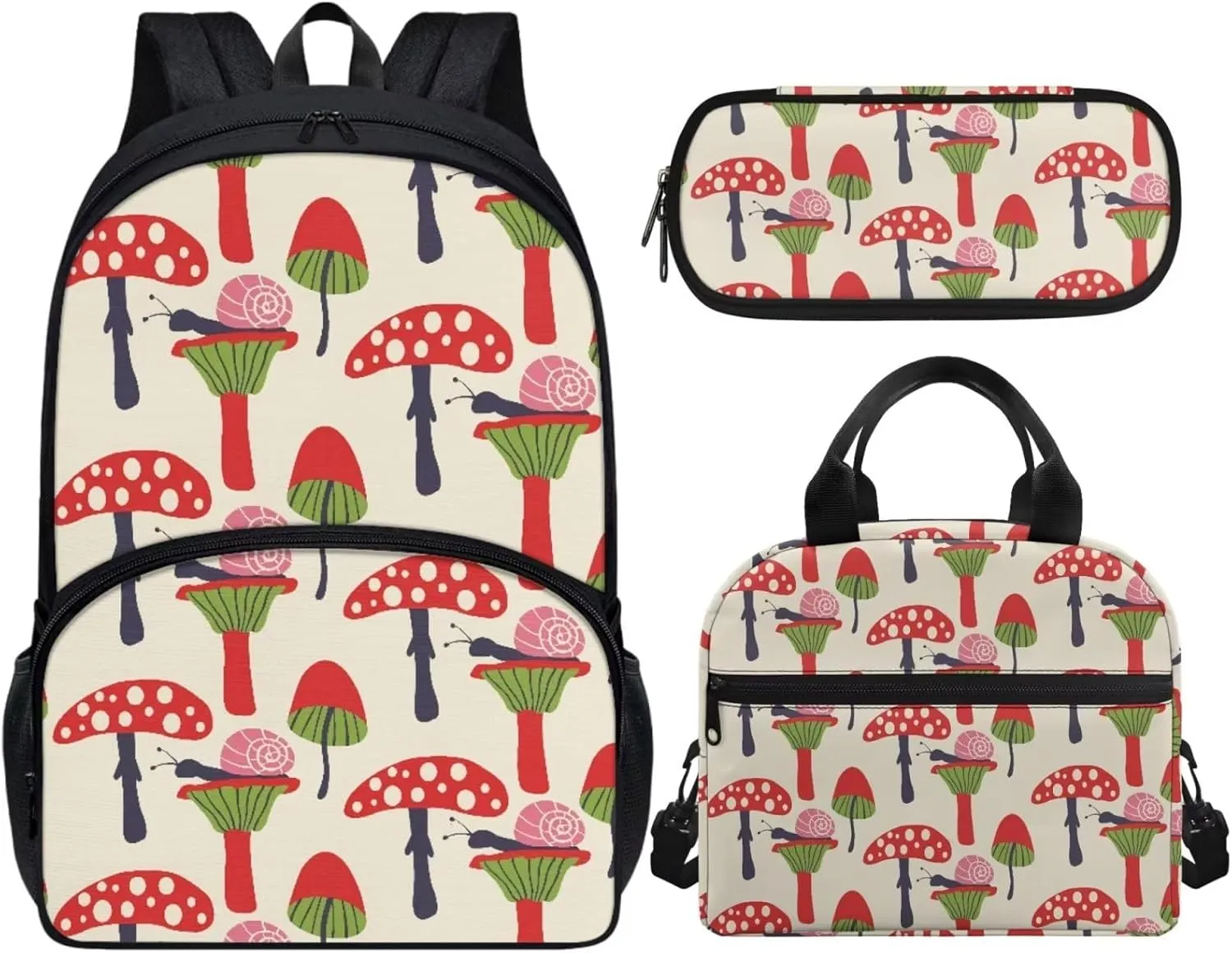 Beige Red Mushroom Backpack with Lunch Box and Pencil Case Girls Comfy Padded Cute School Backpack Set of 3 Bookbag for Student Lightweight Large Capacity Daypack