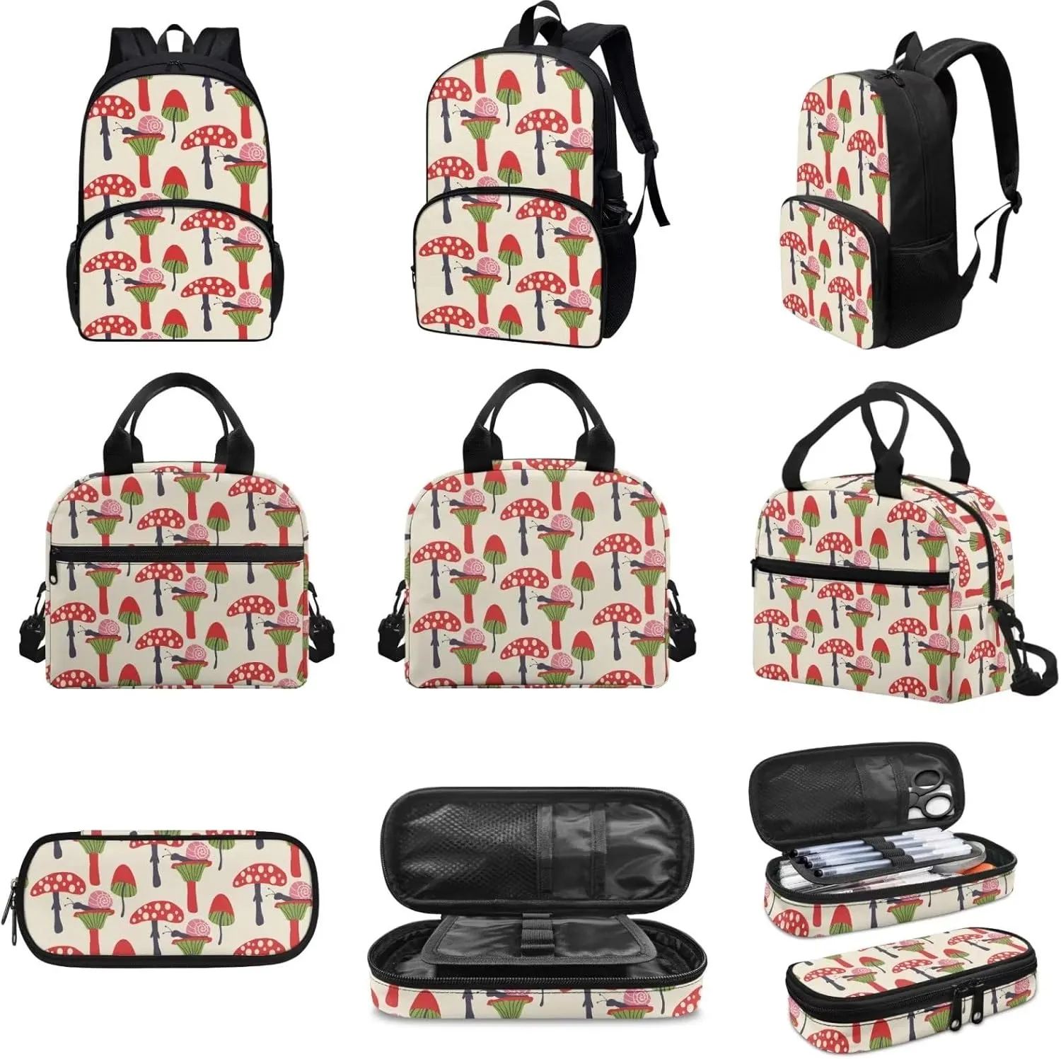 Beige Red Mushroom Backpack with Lunch Box and Pencil Case Girls Comfy Padded Cute School Backpack Set of 3 Bookbag for Student Lightweight Large Capacity Daypack