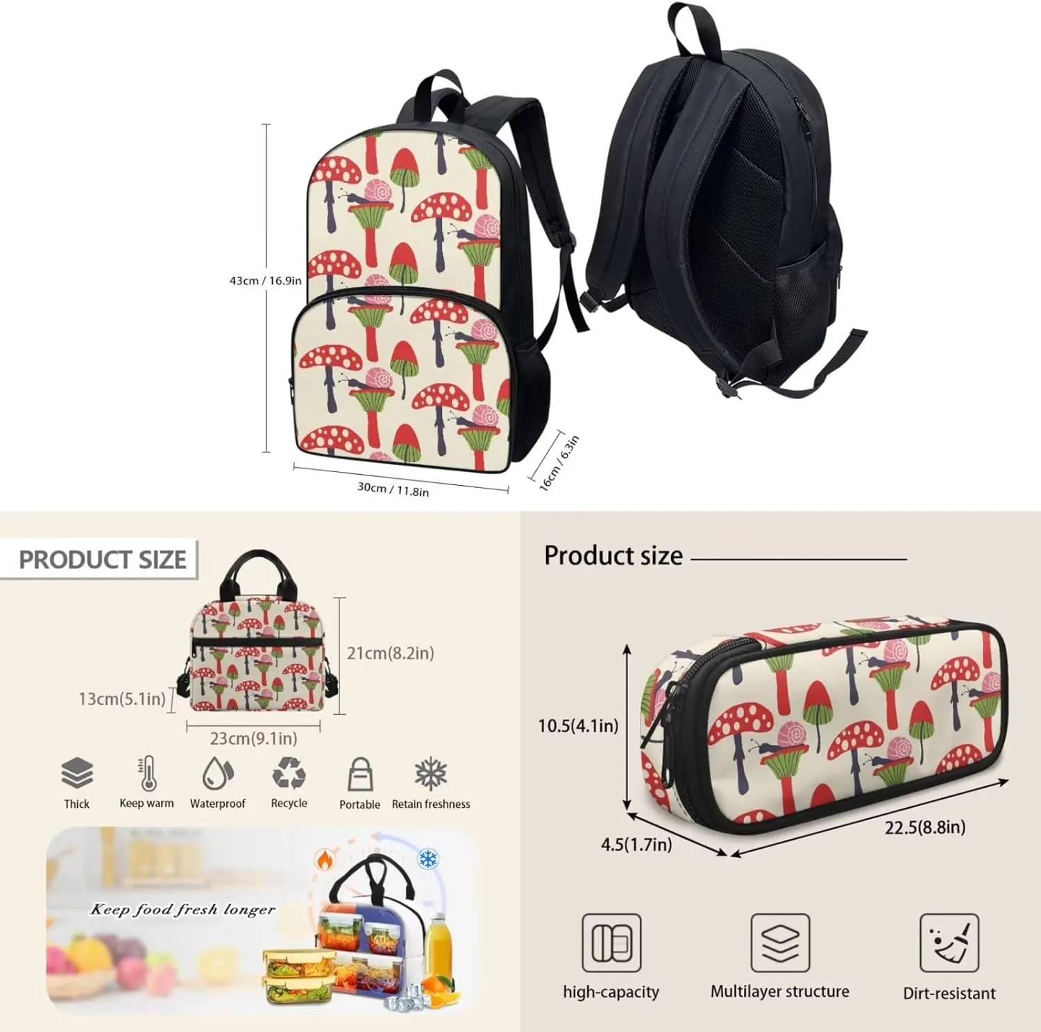 Beige Red Mushroom Backpack with Lunch Box and Pencil Case Girls Comfy Padded Cute School Backpack Set of 3 Bookbag for Student Lightweight Large Capacity Daypack