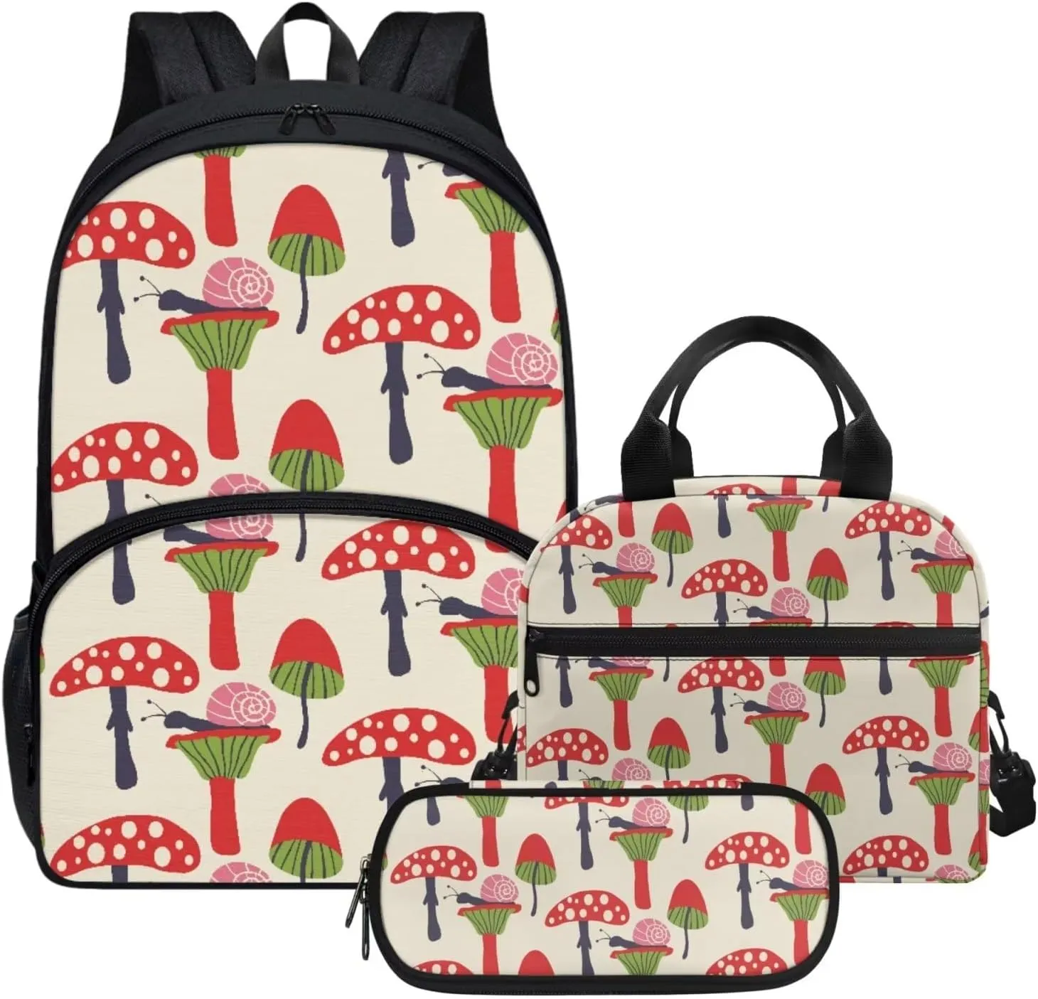 Beige Red Mushroom Backpack with Lunch Box and Pencil Case Girls Comfy Padded Cute School Backpack Set of 3 Bookbag for Student Lightweight Large Capacity Daypack