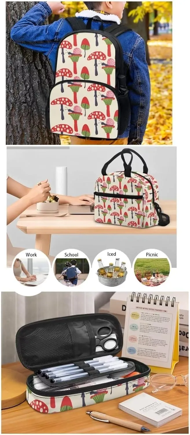 Beige Red Mushroom Backpack with Lunch Box and Pencil Case Girls Comfy Padded Cute School Backpack Set of 3 Bookbag for Student Lightweight Large Capacity Daypack