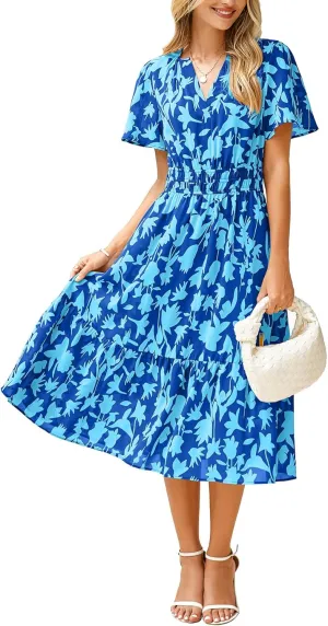 BerryGo Women's Floral Summer Short Sleeve Midi Dress V Neck Empire Waist Swing Flowy Boho Dress