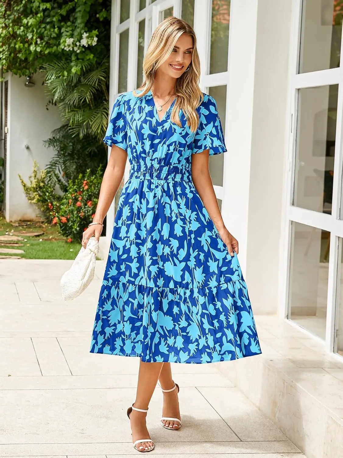 BerryGo Women's Floral Summer Short Sleeve Midi Dress V Neck Empire Waist Swing Flowy Boho Dress