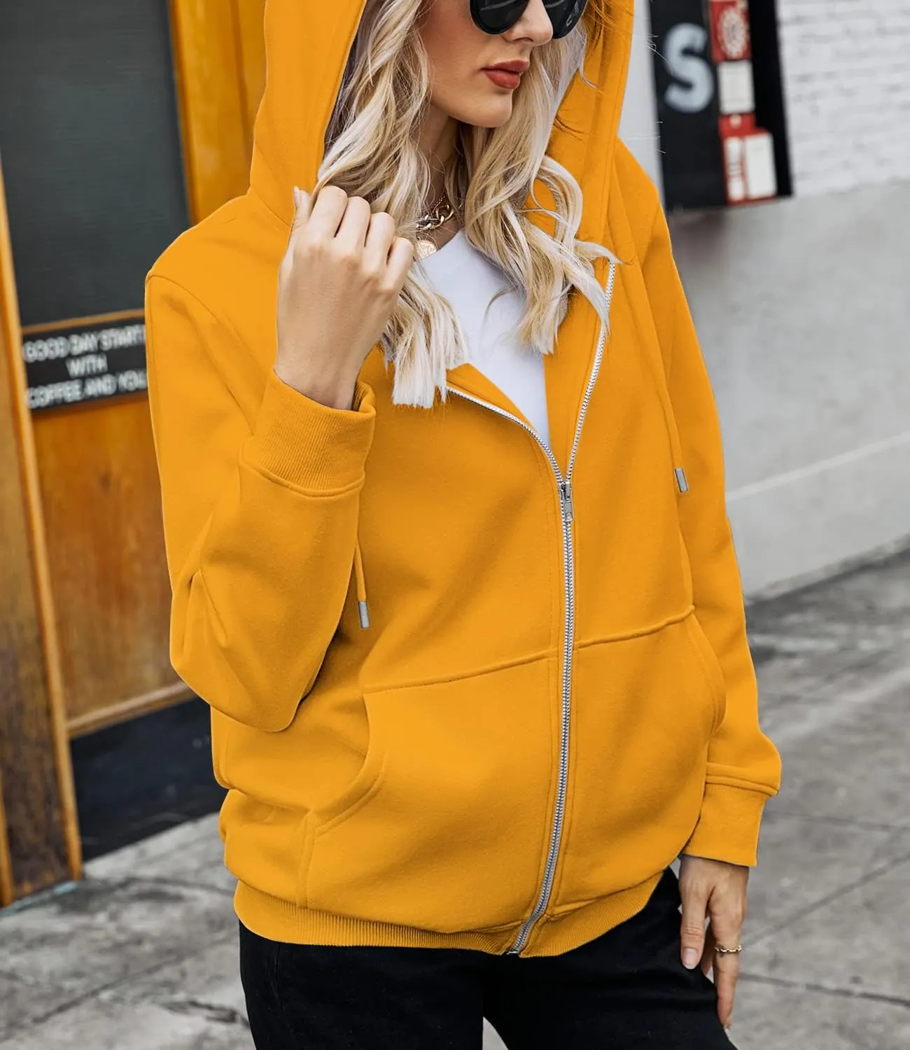 BEUFRI Women's Zip Up Hoodies Teen Girl Fall Jacket Oversized Sweatshirts Casual Drawstring Clothes Zip Up Hoodie with Pocke