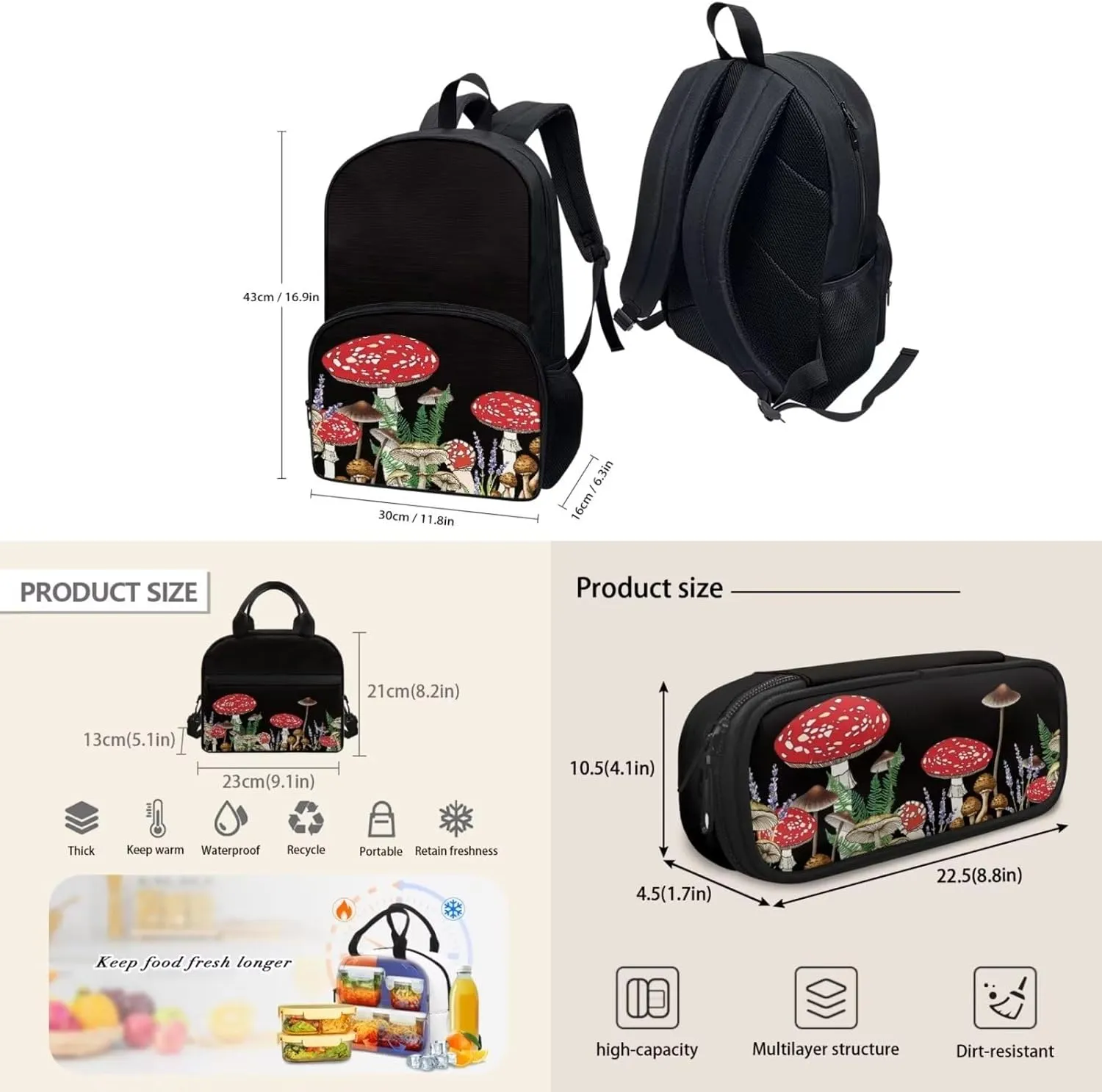 Black Mushroom Backpack Set for Girls Kids Lightweight Cute School Backpack with Lunch Box Pencil Case Adjustable Strap Padded Book Bag Insulated Lunch Bag