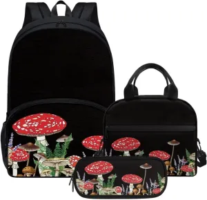 Black Mushroom Backpack Set for Girls Kids Lightweight Cute School Backpack with Lunch Box Pencil Case Adjustable Strap Padded Book Bag Insulated Lunch Bag
