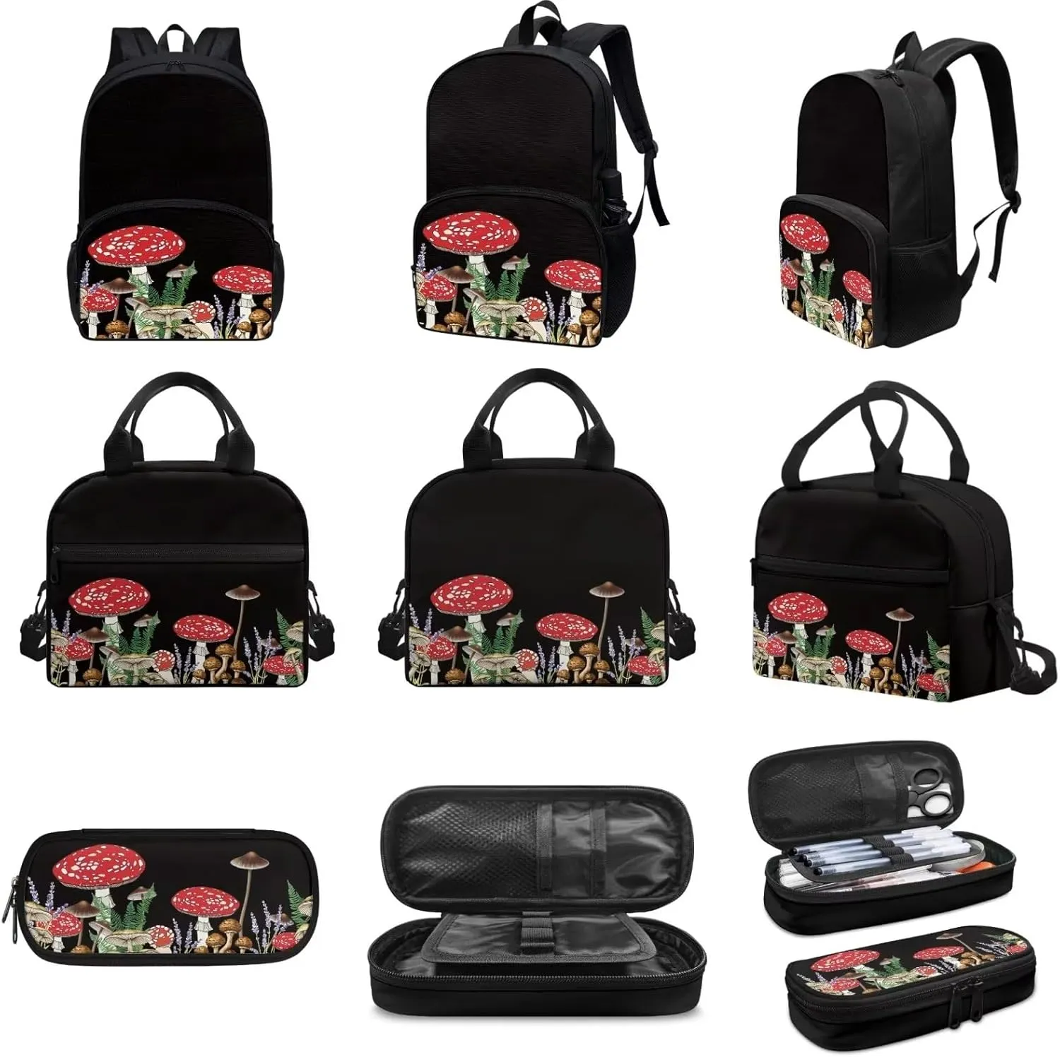 Black Mushroom Backpack Set for Girls Kids Lightweight Cute School Backpack with Lunch Box Pencil Case Adjustable Strap Padded Book Bag Insulated Lunch Bag