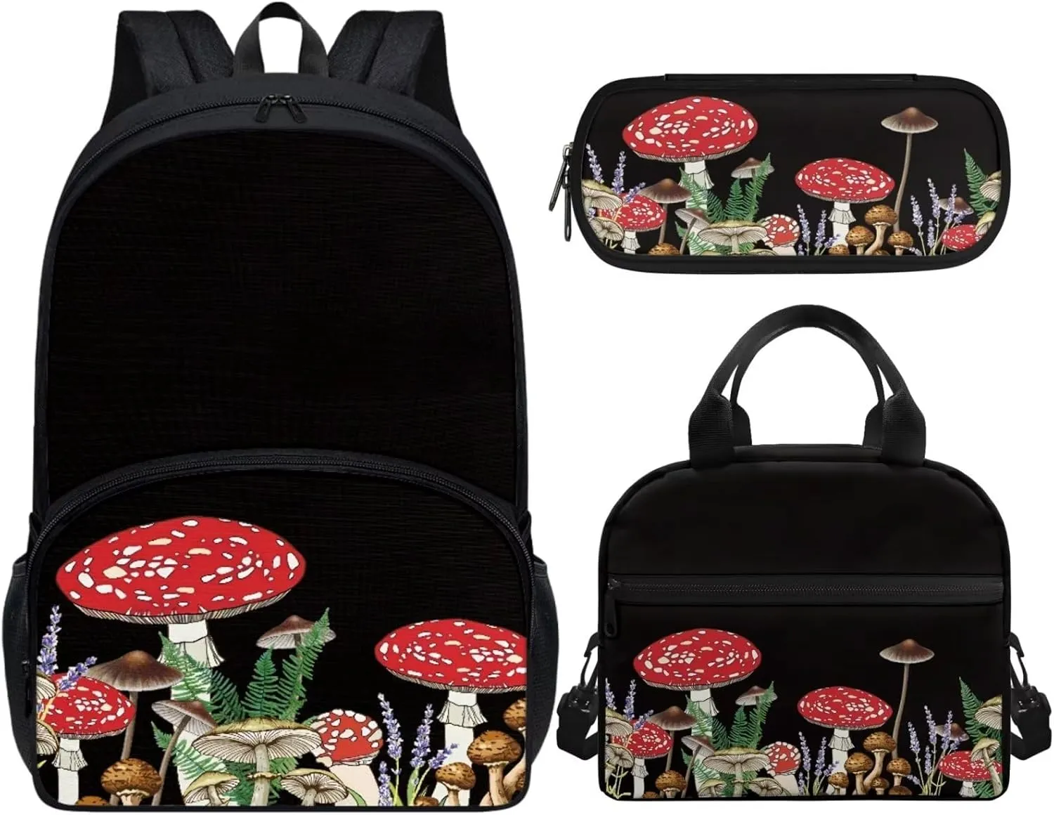 Black Mushroom Backpack Set for Girls Kids Lightweight Cute School Backpack with Lunch Box Pencil Case Adjustable Strap Padded Book Bag Insulated Lunch Bag
