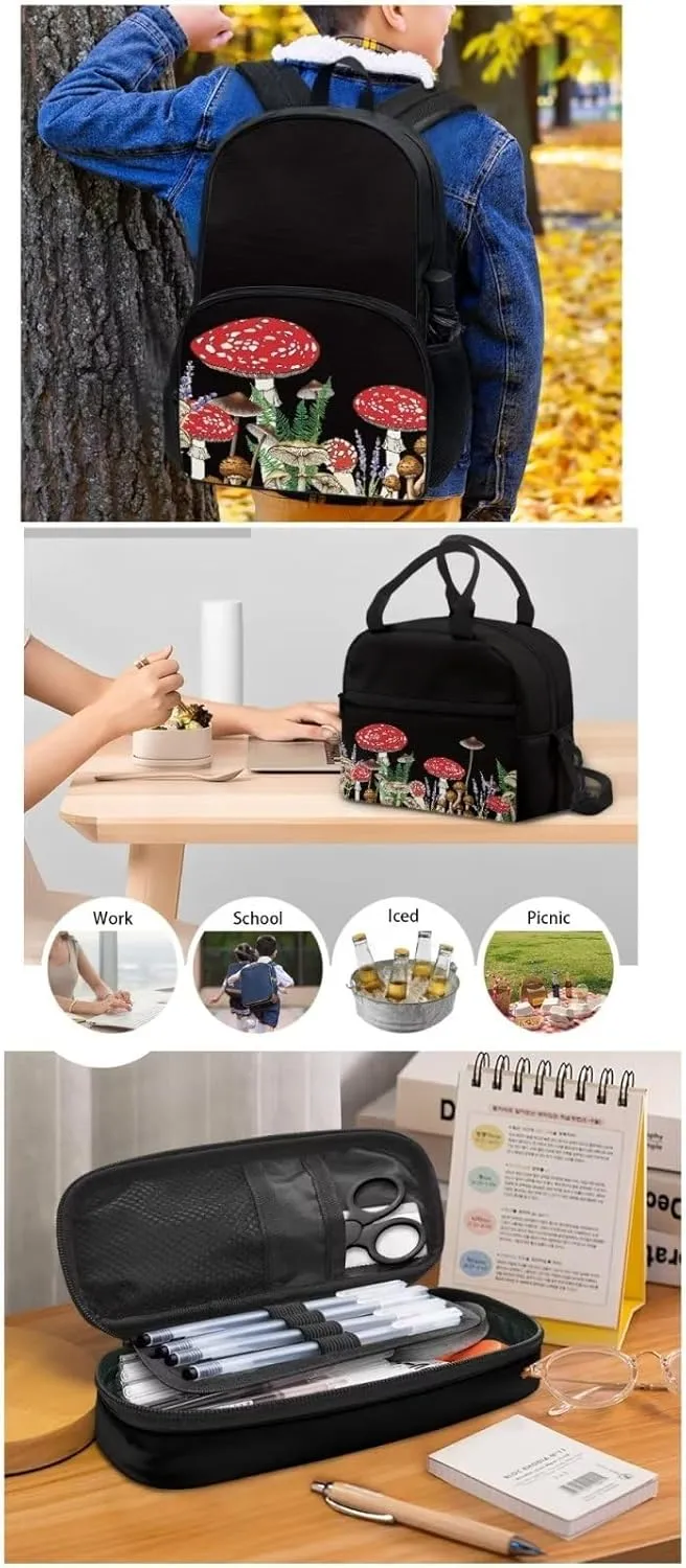 Black Mushroom Backpack Set for Girls Kids Lightweight Cute School Backpack with Lunch Box Pencil Case Adjustable Strap Padded Book Bag Insulated Lunch Bag
